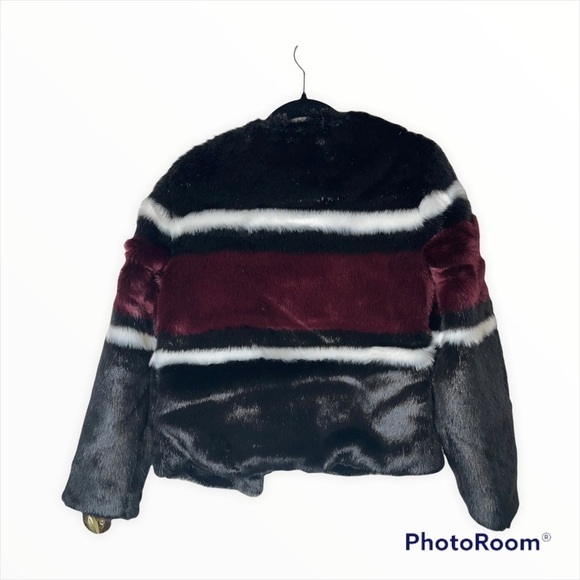 NWT CATHERINE MALANDRINO Black Burgundy Color Block Faux Fur Bomber Jacket Sz XS - Picture 6 of 8